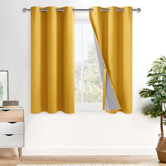 XWZO 100% Blackout Window Curtains - Thermal Insulated & Noise Reduction Black Liner Ring Top Window Treatment Sewn with Tiebacks for Bedroom/Living Room, Yellow, W38 x L54, Set of 2