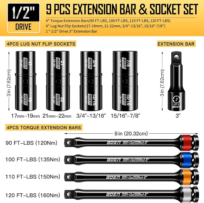 boen 9PCS 1/2" Drive Impact Torque Limiting Extension Bar And Flip Lug Nut Socket Set, 90 to 120 Ft-Lbs (120-160Nm), 8" Length Torque Sticks, Metric & SAE Double-Sided Sockets, Cr-Mo Impact Grade