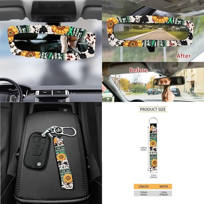 Aztec Sunflower Cowhide Print 15Pcs Car Seat Cover Full Set Car Steering Wheel Cover Seat Belt Cover Trash Bin Air Vent Storage Box Front Rear View Mirror Car Cup Holder Keychain