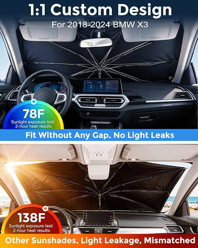 [2026 Upgraded] Weektic Custom Windshield Sun Shade Umbrella for BMW X3 2018-2024, [Double Thickened Ice Crystal Coating] Sun & Heat Protection, Keep Vehicle Cool & Protect Interior