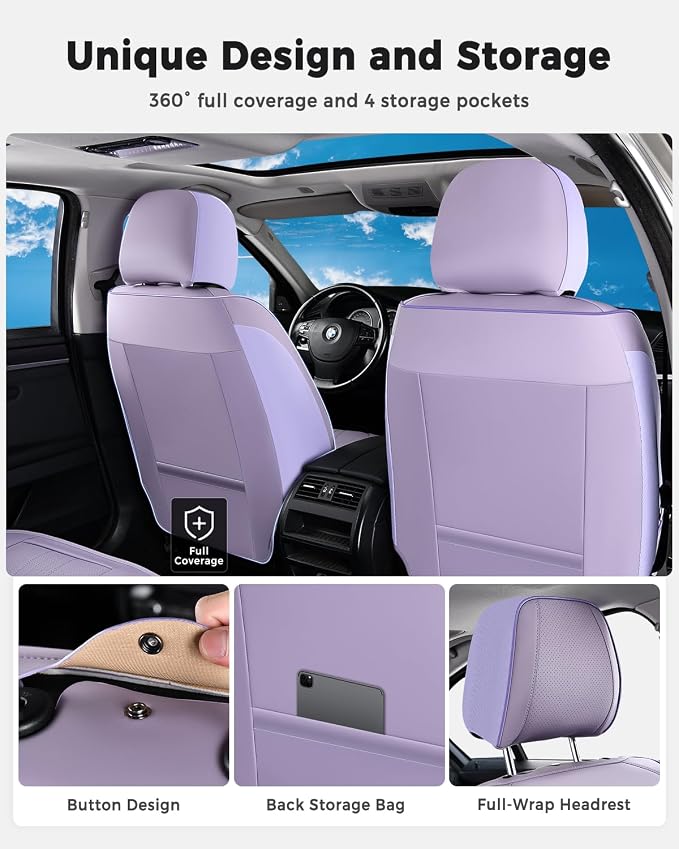 Huidasource Purple Front Seat Cover, Luxury Faux Leather Front Car Seat Cover, Compatible with Airbags, Seatbelt Buckles, Perforation, Cooling＆Heating, Universal Fit for Most Cars, Vans, Trucks, SUVs