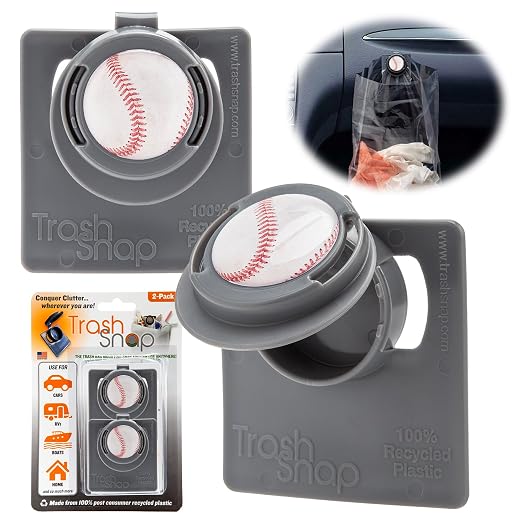 Reusable Bag Holders for Trash & Recycling | Eco-Friendly, Adhesive Clip System for Car, RV, Home, Travel, Boat | Recycled Plastic Baseball + Basketball + Football- 4 Pack