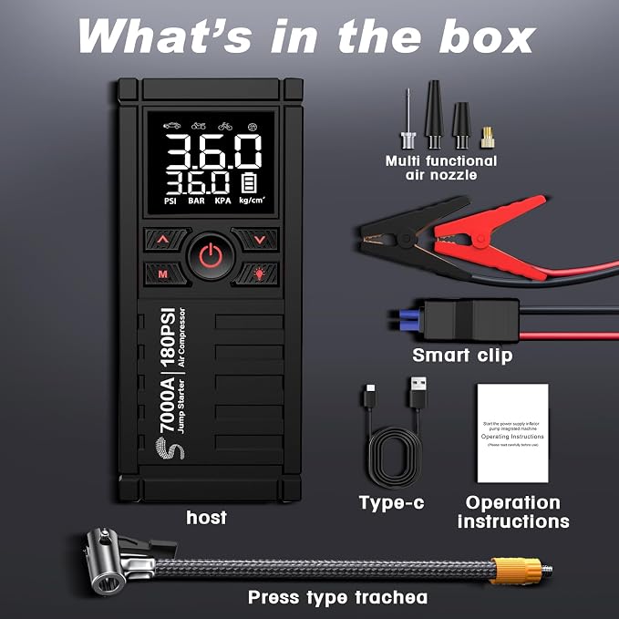 Jump Starter with Air Compressor, 7000A 180PSI Car Battery Jump Starter Jump Box (All Gas/10.0L Diesel), Battery Jumper Starter Portable Jumper Cables, Large LCD Display, LED Light Black