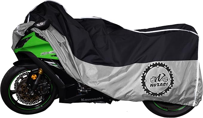 Heavy Duty Motorcycle Cover, Totally Breathable, Reflective Strips, Elastic Bottom, Luggage Strap, Lockable Grom, Durable Sewn Cutouts, Outdoor, Waterproof Cover (Black/Silver, Medium)