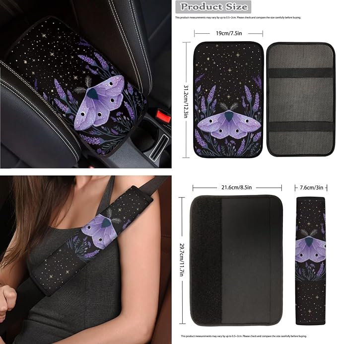 Purple Vintage Moth Car Seat Covers Full Set 15 Pcs Universal Car Accessories Steering Wheel Cover Seat Belt Pads Garbage Bag Car Headrest Pillow Covers Armrest Pad