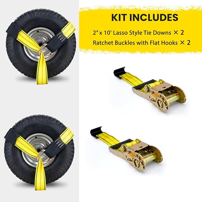 Tire Straps for A Car Trailer, Wheel Tie Down Strap 2" x 10' with Snap Hooks, Car Hauler Wheel Strap for 3300 Pound Safe Working Load (2 Straps)