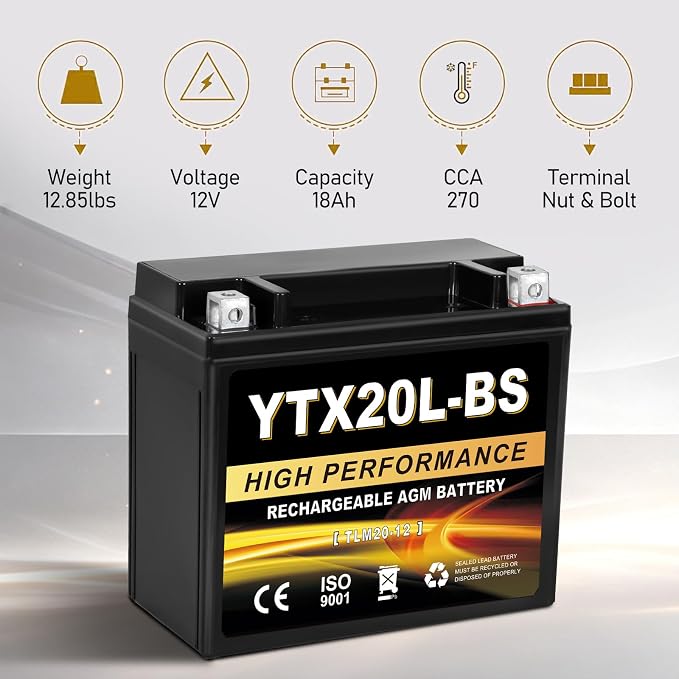YTX20L-BS 12V 20Ah AGM Sealed Motorcycle Battery, Maintenance-Free, Compatible with ATV UTV Snowmobile Honda Gold Wing GL1800, TRX680, VTX1800