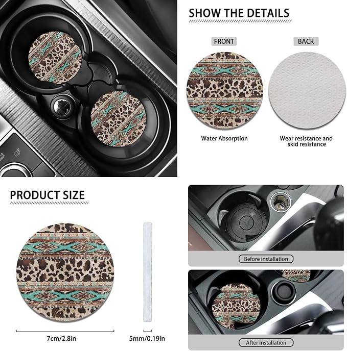 Wanyint Aztec Cow Print Retro Car Accessories Set 12 PCS, Front and Back Car Seat Covers Steering Wheel Cover Seat Belt Pad Armrest Cover Coasters Handbrake Gear Shift Cover Fit for Most Vehicles