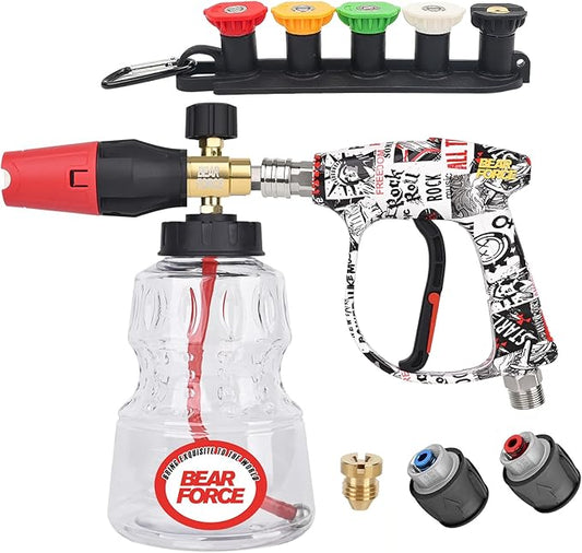 BEAR FORCE High-pressure Water Gun Painted with American-style Elements M22-ID14mm Inlet Max 3000Psi & Foam Cannon 32oz, for Bosch, Nilfisk, Sun Joe, Koblenz, Truper Electric Pressure Washer, Car Wash