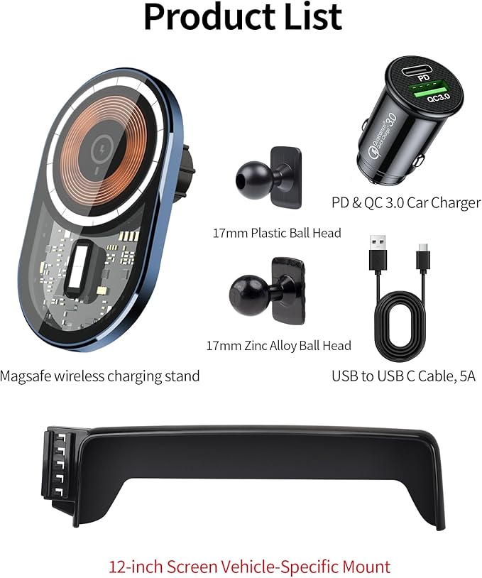 Wireless Charging Car Phone Holder for Volkswagen Atlas/Altas Cross Sport 2024-2026, 12" Screen Fixed Clip, 360° Rotation Car Phone Mount Compatible with MagSafe