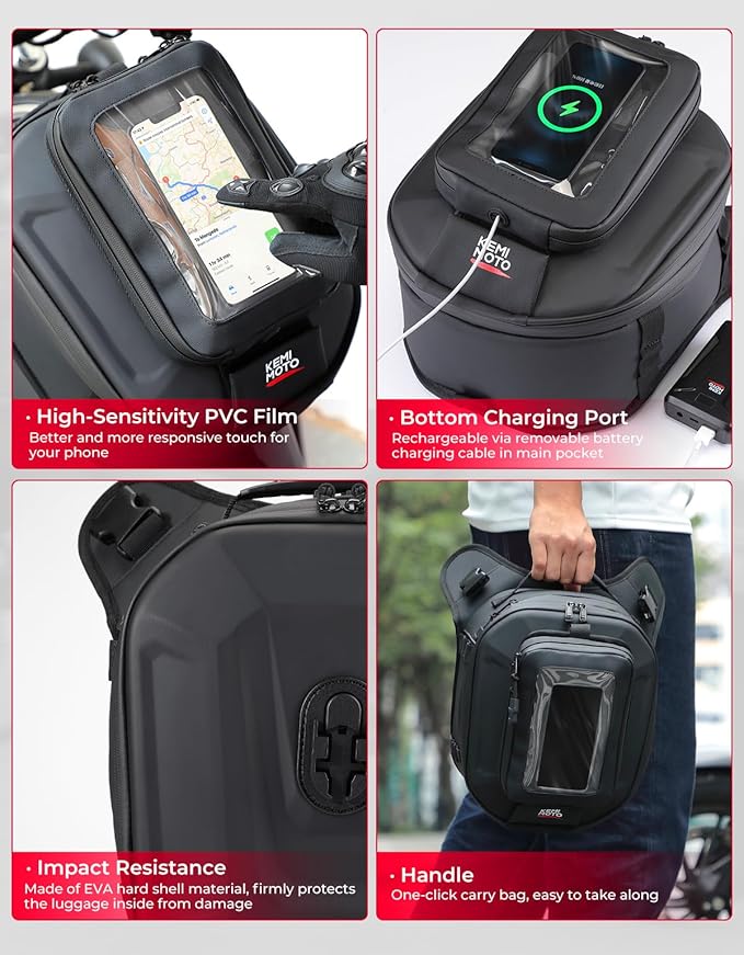 KEMIMOTO Motorcycle Tank Bag with Removable Phone Holder Waterproof EVA Hard Shell Expandable Tank Bag Rain Cover Compatible with All Models of Mobile Phones, 13-16L