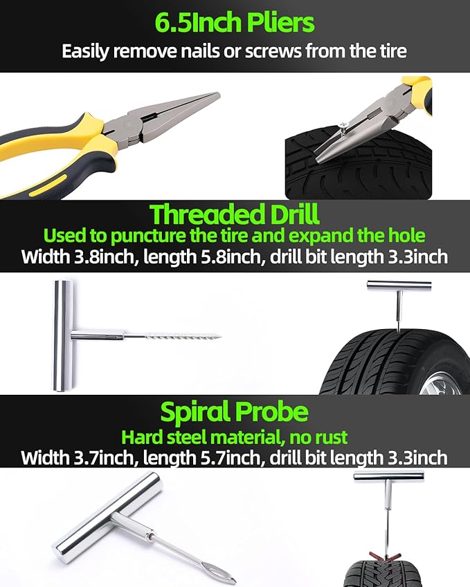 YANTU Tire Repair Kit With Plugs And Digital Tire Pressure Gauge & 30 Rubber Strips,Tire Plug Kit And Tire Patch Kit With Heavy Duty Professional Tool Set for Car, Motorbike, UTV, Off-Road Emergencies