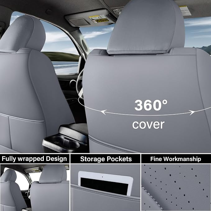 Coverado Tacoma Seat Covers, Car Seat Covers Front Seats, Leather Seat Covers for Cars Car Seat Protector Cushion Tacoma Accessories Custom Fit 2005-2023 Toyota Tacoma Double/Crew Cab(Gray)