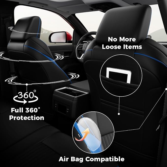 FREESOO Custom Fit Leather Tacoma Seat Covers Full Set Gen 4Th 2024-2026 Double Cab, for Sr/Sr5/Trd Prerunner/TRD Sport/TRD Off-Road/Limited, Seat Covers for Tacoma (5 Seats, BlackBlue)