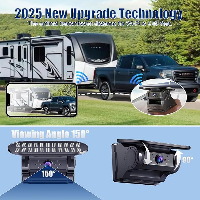 WiFi Magnetic Solar Wireless Backup Camera, 10000mAh Rechargeable 1080P Rear View Camera for Truck RV Trailer Car, DVR Recording Night Vision,Easy Installation