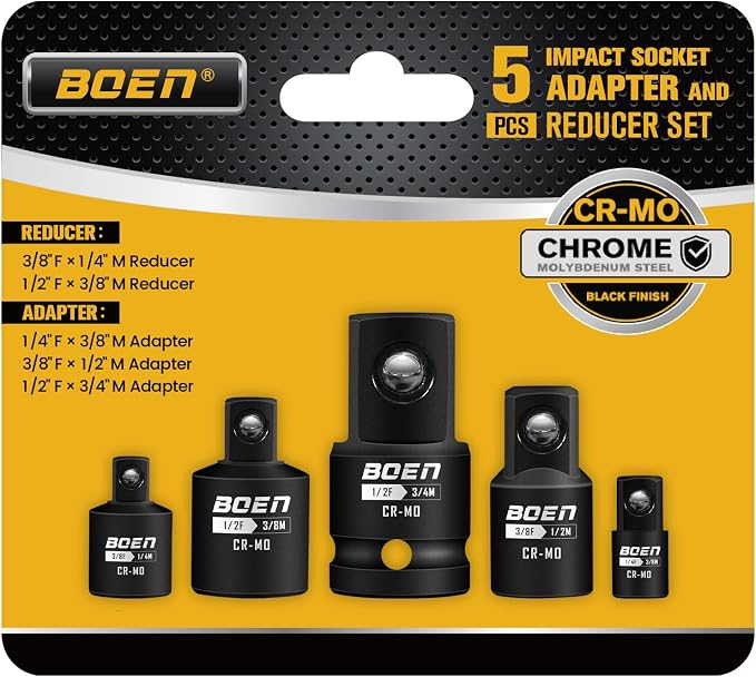 BOEN 38 Piece Impact Socket Set and Adapter Set, Standard SAE, 1/4", 3/8", 1/2" Impact Driver Conversions, Deep & Shallow Metric Socket Set 8mm to 22mm, Includes 5", 10" Extension Bars, Universal Join