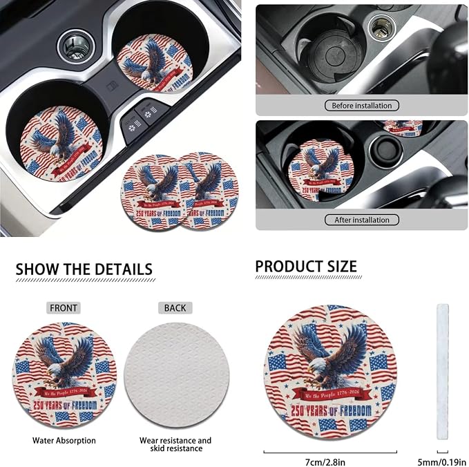 American Flag Eagle Car Seat Cover Set, 11 Piece, 250 Years of Freedom, with Steering Wheel Cover/Seatbelt Pad, Non-Slip Patriotic Auto Accessories for 4th of July & 250th Anniversary