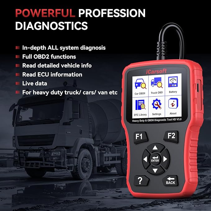 Heavy Duty Truck Scanner, iCarsoft HD V3.0 Multi-System OBD2 Diagnostic Scan Tool for Truck, Car, Mini Van, Light Duty Vehicle, Code Reader,Battery Test, Graphic Data Display-Red