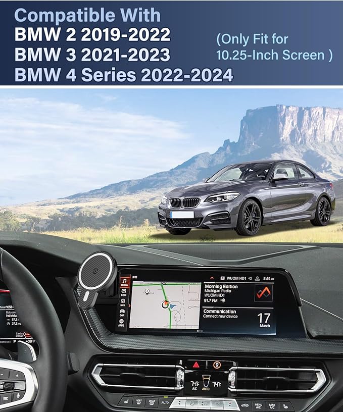PZK Car Phone Holder for BMW 3 Series 2019-2022/ BMW 4 Series 2021-2023/BMW 2 Series 2022-2024 Accessories 10.25-Inch Screen Fixed Clip Magnetic 15W Fast Wireless Charger Car Phone Mount 360° Rotation