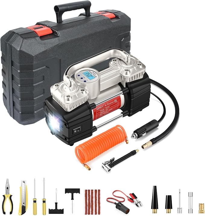 GSPSCN 12V Digital Heavy Duty Tire Inflator PortableAir Compressor Pump | with Toolbox Tire Repair Kit 6X Faster Inflation Auto shut-off Dual Cylinders Air Pump 150Psi for Car,Pickup Truck,SUV,Balls