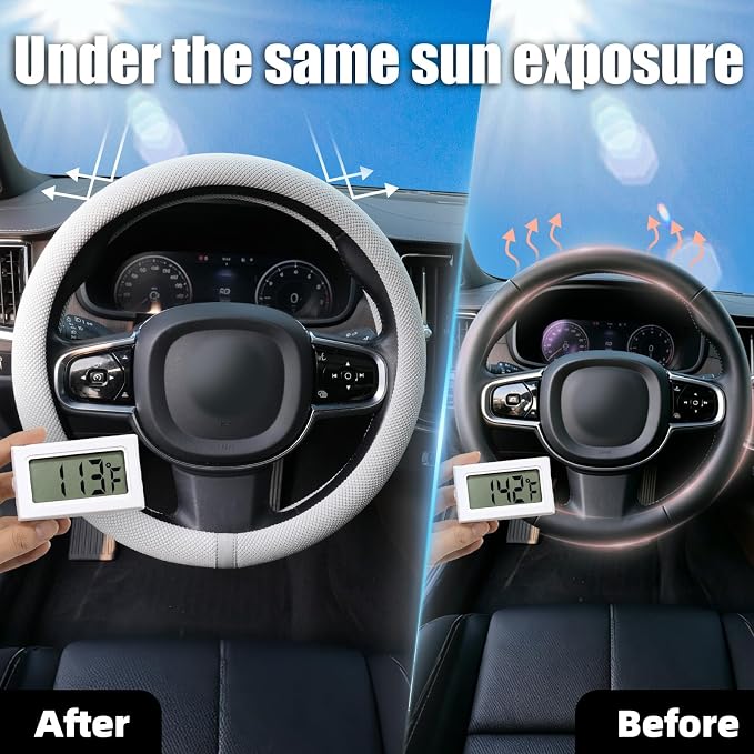 Universal 15 Inch Steering Wheel Cover for Cooling, Non-Slip Breathable Cooling Car Steering Wheel Cover with Upgraded Silicone Inner Ring for Round/D Shape, Warm in Winter Cool in Summer, White Gray