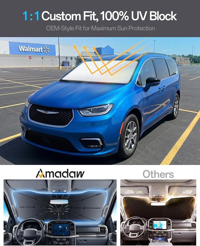 Windshield Sun Shade for Chrysler Pacifica 2004–2026, Foldable Umbrella Sunshade with 100% UV Block, Multi-Layer Heat Insulation, Reinforced 10-Rib Frame, Keeps Car Cooler Summer Car Accessory