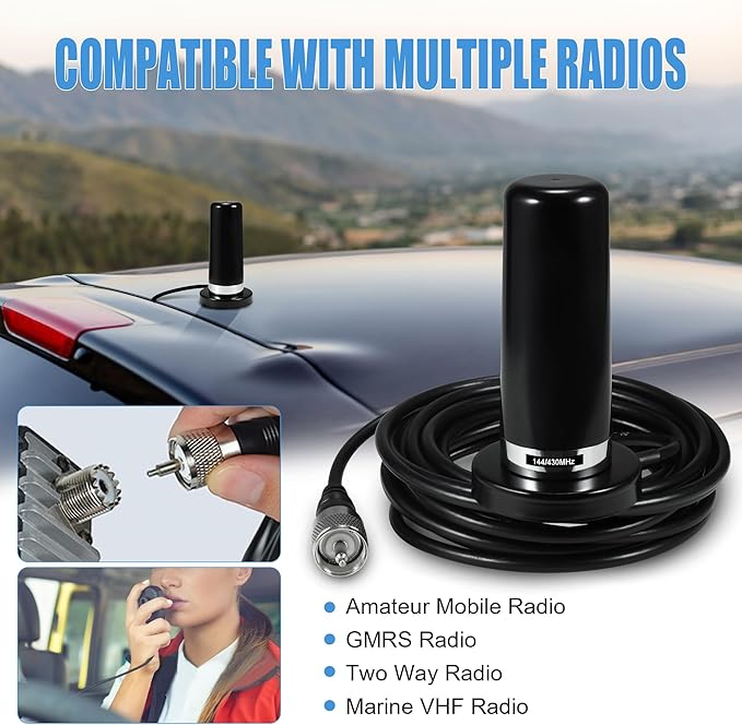 BASIKER 3 Inch Vehicle Mobile Ham Radio Antenna Dual Band VHF UHF 136-174MHz 400-470MHz, NMO Magnetic Base Mount SO239 PL-259 Plug 16.4ft RG58 Coaxial Cable, CB Radio Antenna Truck Car Accessories