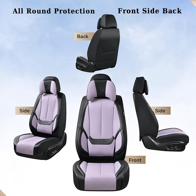 Coverado Universal Seat Covers Full Set, 5 Seats Universal Seat Covers for Cars, Waterproof Nappa Leather Car Seat Covers with Head Pillow, Auto Protectors Fit for Most SUV Pick-up Truck-Black&Purple