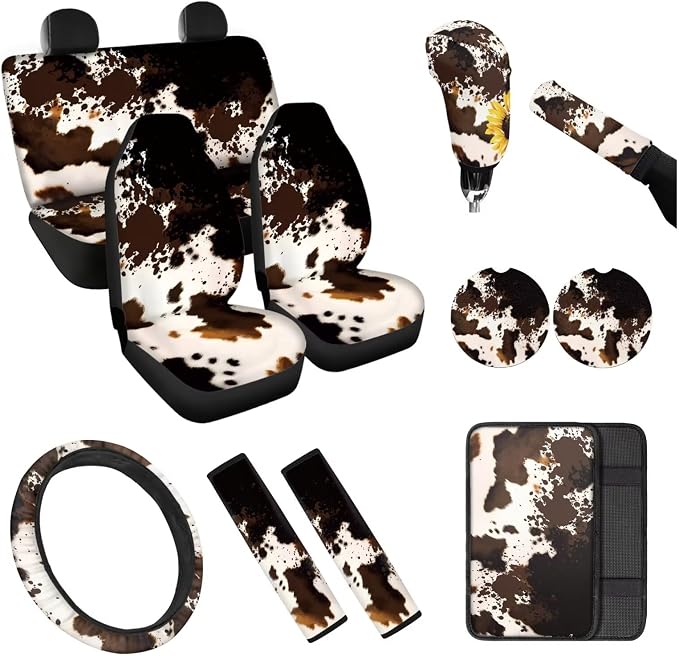 Brown Cow Print Automobile Seat Cover Set 12 Pcs Car Center Console Cover Steering Wheel Cover Auto Seat Belt Cover Decor Accessories Compatible with Most Cars,SUV