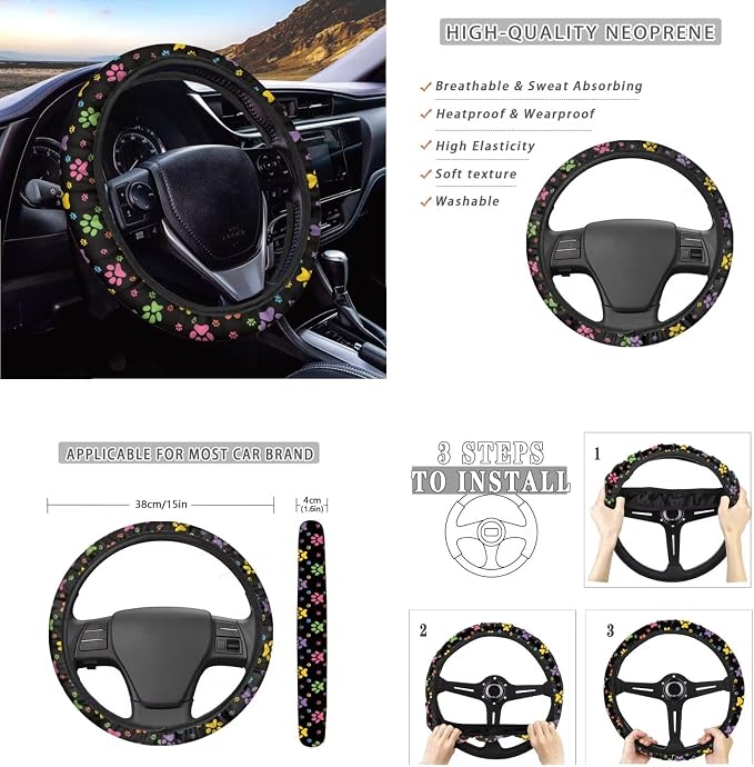Ystardream Dog Paw Print Car Seat Covers Full Set Car Accessories for Teen Girly Interior Cute Set Polyester Fabric Vehicle Seat Protector Covers with Steering Wheel Cover Machine