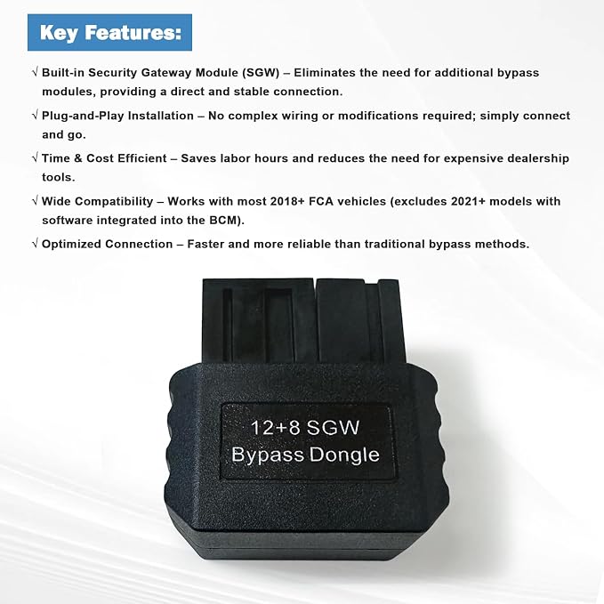 OBD2 FCA 12 8 Bypass Dongle, 12+8 Pin Adapter Connector for Chrysler FCA Security Gateway Module(SGM), Compatible with 2018 and Newer Vehicles,Work with OBD Diagnostic Scanner Tools/Code Reader