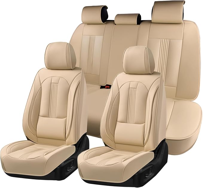 Huidasource Beige Seat Covers, Nappa Leather Car Seat Cover with Lumbar Support, Ventilation Holes, Velcro Adjustable, Airbag, Full-Coverage Seat Covers, Universal Fit for Most Cars SUV Trucks, Beige