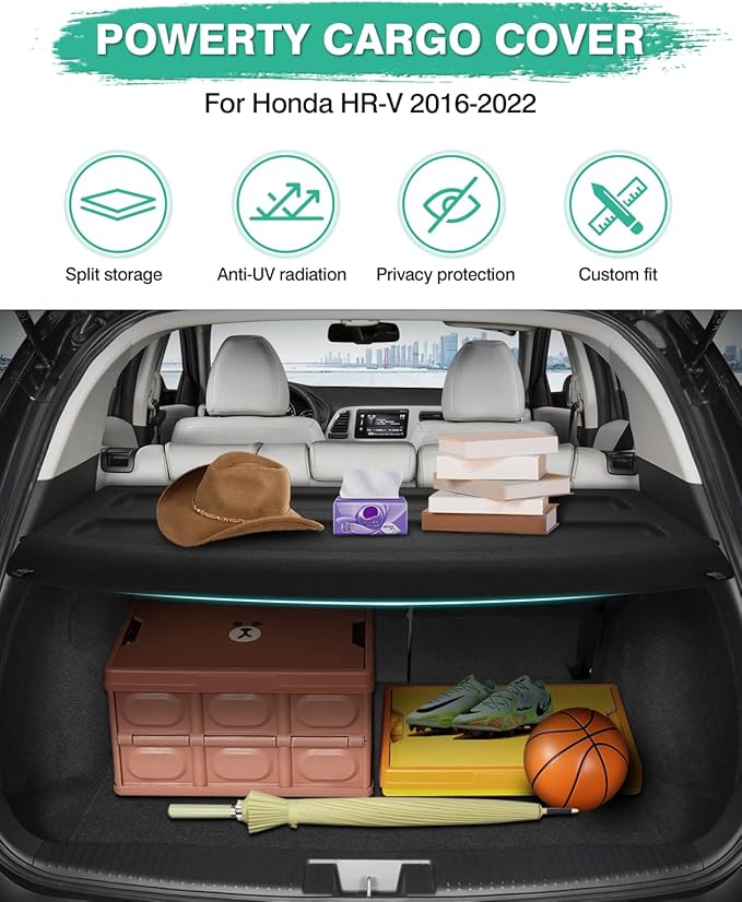 Powerty Cargo Cover for Honda HR-V 2016-2022, Trunk Cover Retractable Trunk Shielding Shade for 2016-2022 HRV Accessories All Weather Protection Cargo Luggage Cover
