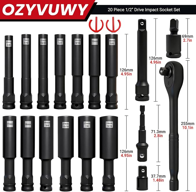 18-Piece 1/2" Drive Impact Socket Set, Heavy Duty Industrial-Grade Deep Sockets, with Impact Extension Bar,universal joint, and impact-resistant adapter, Cr-V Steel Corrosion-Resistant Coating