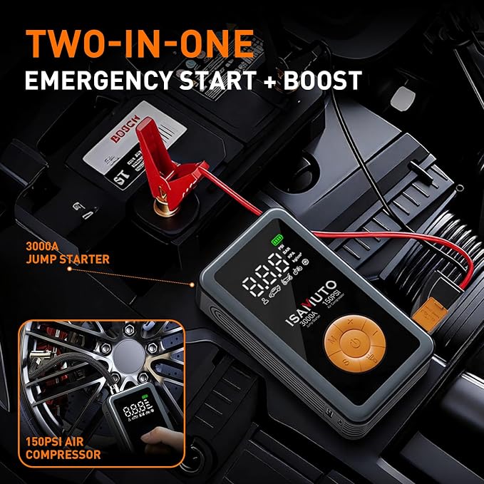 Jump Starter with Air Compressor, Portable Car Battery Jump Box with 150PSI Tire Inflator, 3000A Battery Booster for 8L Gas/6L Diesel Engines, 12000mAh Power Bank