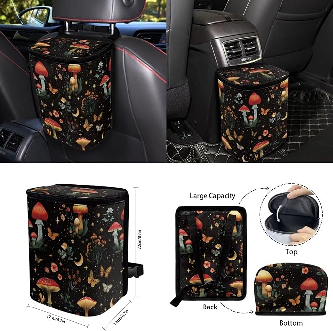 Moon Mushroom Car Seat Covers Set of 15 with Universal Steering Wheel Cover, Rearview Mirror Cover, Car Trash Can, Seatbelt Pads, Cup Holder Coasters, Keychains
