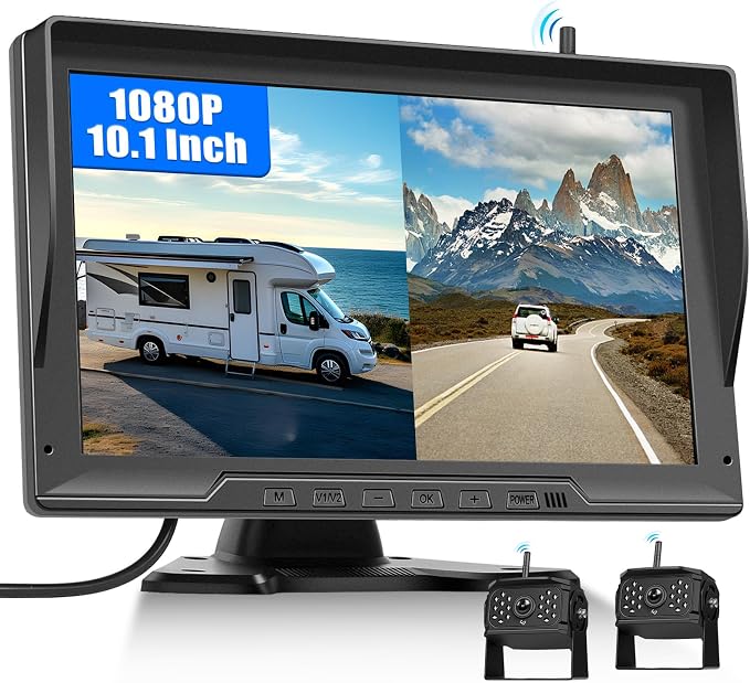 10.1 Inch Wireless Backup Camera for Truck with 2 Rear View Camera System for Cars, 4 Channels Split Screen, BSD Alert, Night Vision, IP68K Waterproof, for Truck, Pickup, Trailer, Cars Parking Safety
