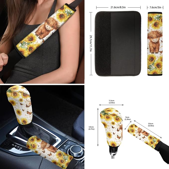 Wanyint Car Seat Cover Set 12 PCS, with Steering Wheel Cover Seat Belt Armrest Handbrake Gear Shift Knob Cover Set Coasters Auto Accessories, Cute Highland Cow Sunflower