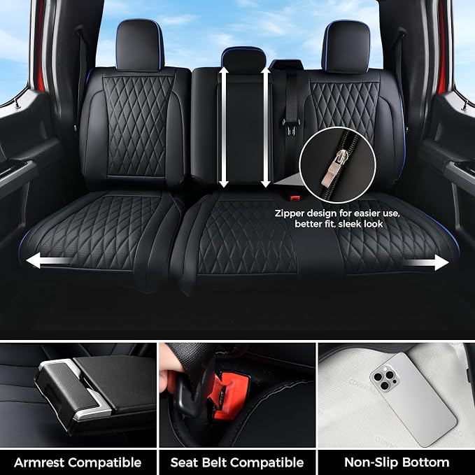 Coverado Leather Rear Seat Covers Fit for Ford F150 F250 F350 F450, Waterproof Ford Truck Rear Seat Covers Fit for 2015-2026 F150 & 2017-2026 F250 F350 F450 (Blueline)