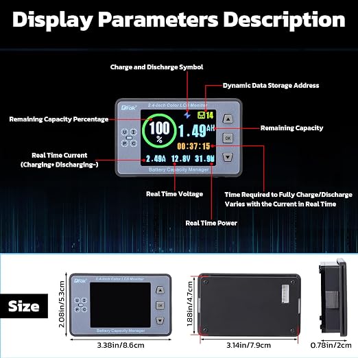 DROK Coulometer, DC 8-100V 100A Battery Monitor 12V 24V 36V 48V 60V Volt Amp Watt Meter, 2.4 inch LCD Color Screen Capacity Percentage Time Power Voltmeter Ampmeter for RV Solar Panel Battery Charge