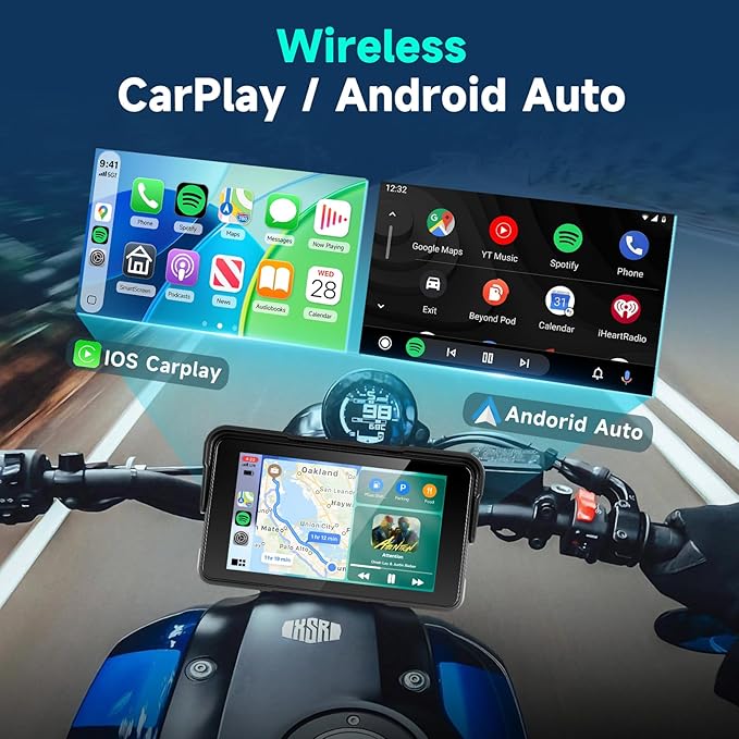 5 Inch Motorcycle CarPlay Screen with TPMS Sensors, Wireless Android Auto, Handlebar Control Power Cable, IP68 Waterproof Portable Motorcycle GPS Display