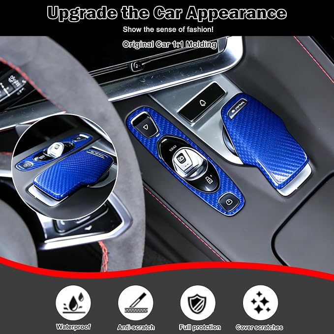 Set of 2 Genuine Carbon Fiber Gear Shift Panel Cover Trim for Corvette C8 2020-2025 Gear Shift Knob Head Protection&Console Gear Shift Button Panel P D Auto M Button Frame Accessories (Blue)