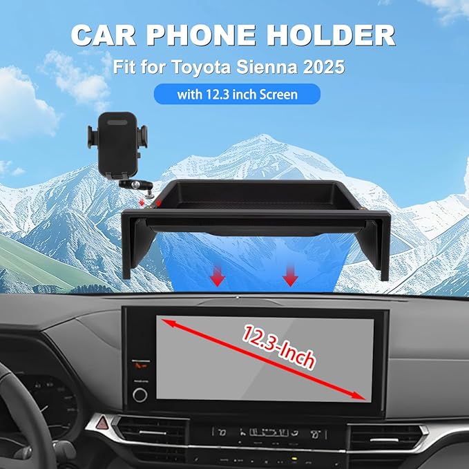 Car Phone Holder Compatible with Toyota Sienna 2025 Accessories 12.3-Inch Screen Fixed Clip, Cell Phone Mount with Dash Tray Organizer Hands-Free 360° Rotation (Not for LE Trim 8-Inch)