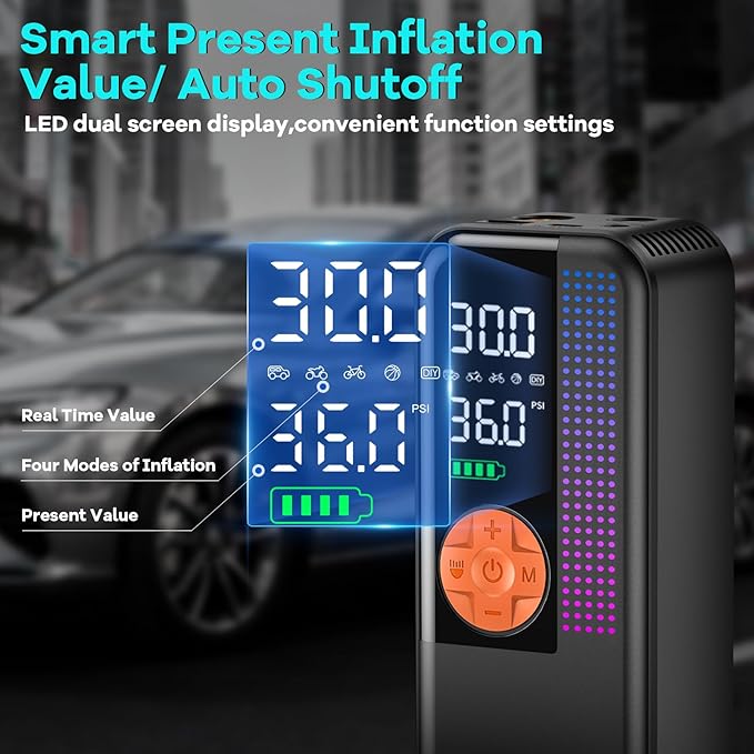 WEOLULI Tire Inflator Portable Air Compressor,150 PSI Cordless Air Pump, 12V DC Car Plug,Dual Power 10000mAh, Fast Inflation 24L/Min, 4 Preset Modes for Car, Bike, Motorcycle, Balls(Orange, 10000mAh)