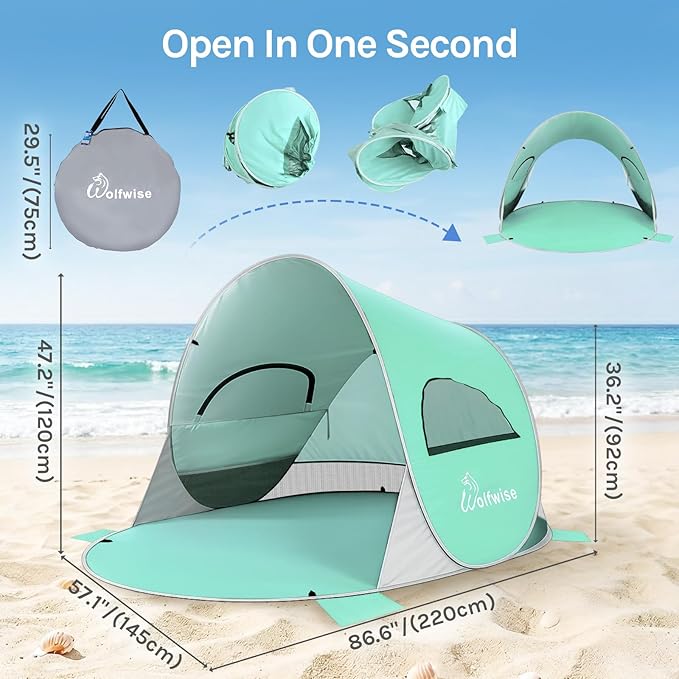 Wolfwise Pop up Beach Tent Sun Shelter with UPF50+ UV Protection, Instant Easy Setup Popup Beach Shade Canopy for 3 Person, Portable & Foldable with Carring Bag, 87 ×57×47 in, Mint Green