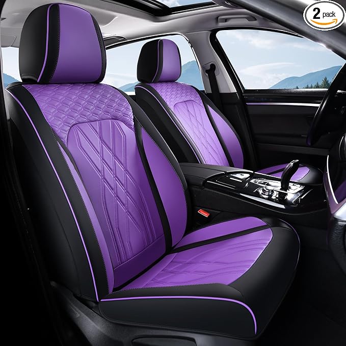 FLORICH Seat Covers for Cars Purple Leather Car Seat Covers Front Pair Breathable Automotive Car Seat Cover Non-Slip Easy Installation Comfortable Universal Fit for Most Car Truck SUV, Black&Purple