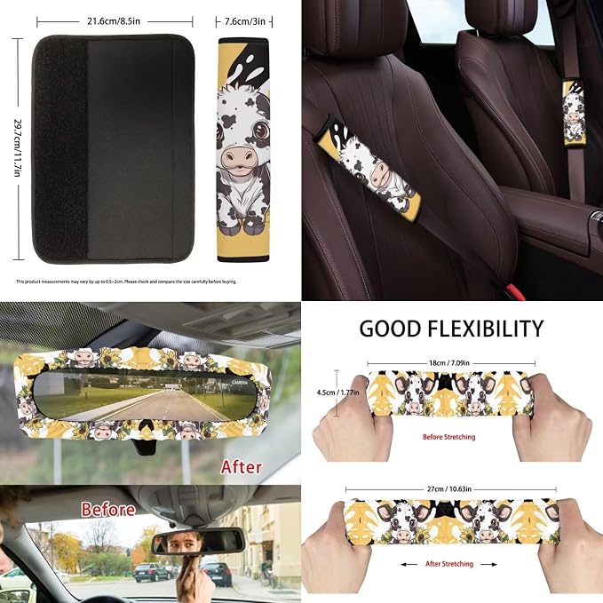 Suobstales Cow Sunflower Print 13 Pack Car Seat Covers Full Set with Steering Wheel Cover Seat Belt Pad Trash Can Rearview Mirror Cover Coaster Keychains Auto Accessories Universal Fit