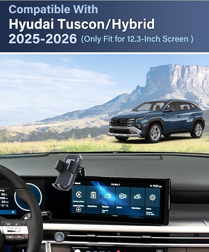 PZK Car Phone Holder for Hyundai Tucson/Tucson Hybrid 2025 2026 Accessories 12.3-Inch Screen Fixed Clip, Auto Lock Car Phone Mount, 360° Rotation Automobile Cradles Fit iPhone & 4.0-7.0'' Smartphones