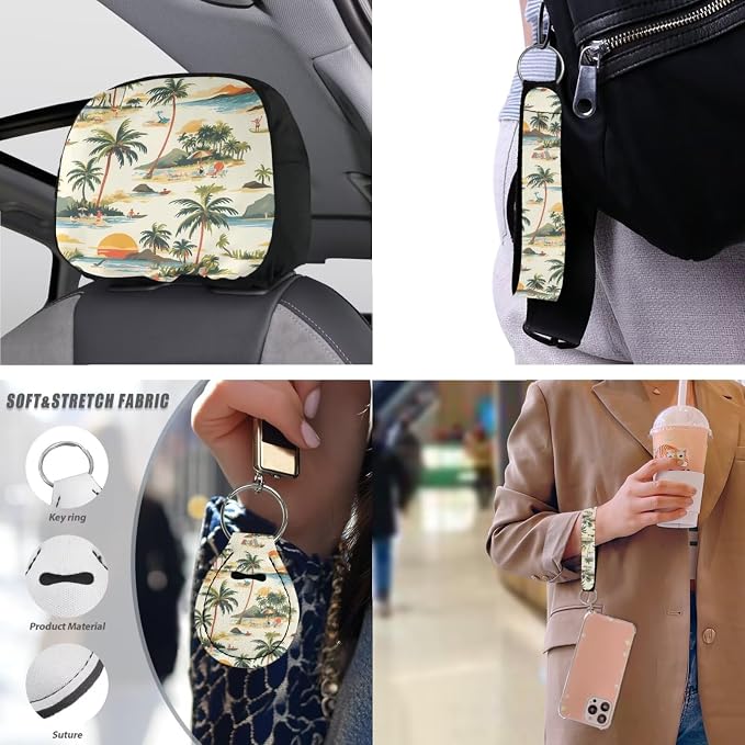 Coconut Tree Car Seat Cover Full Set of 13, Hawaii Beach Vehicle Headrest Cover Cup Holder Coaster, Tropital Sunset Automotive Interior Covers for Sedans Trucks
