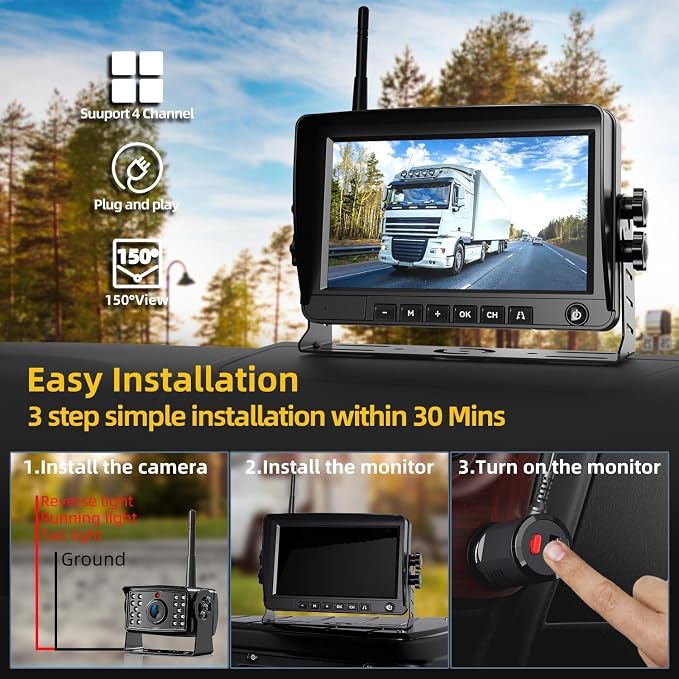 7" Wireless Backup Camer,Plug and Play,BSD,Pre-Wired for Furrion,6X Zoom | Stable Signal,150° Wide View,Long Life,Clear Night Vision,4-Channel Expandable for Truck Trailer SUV Small RV
